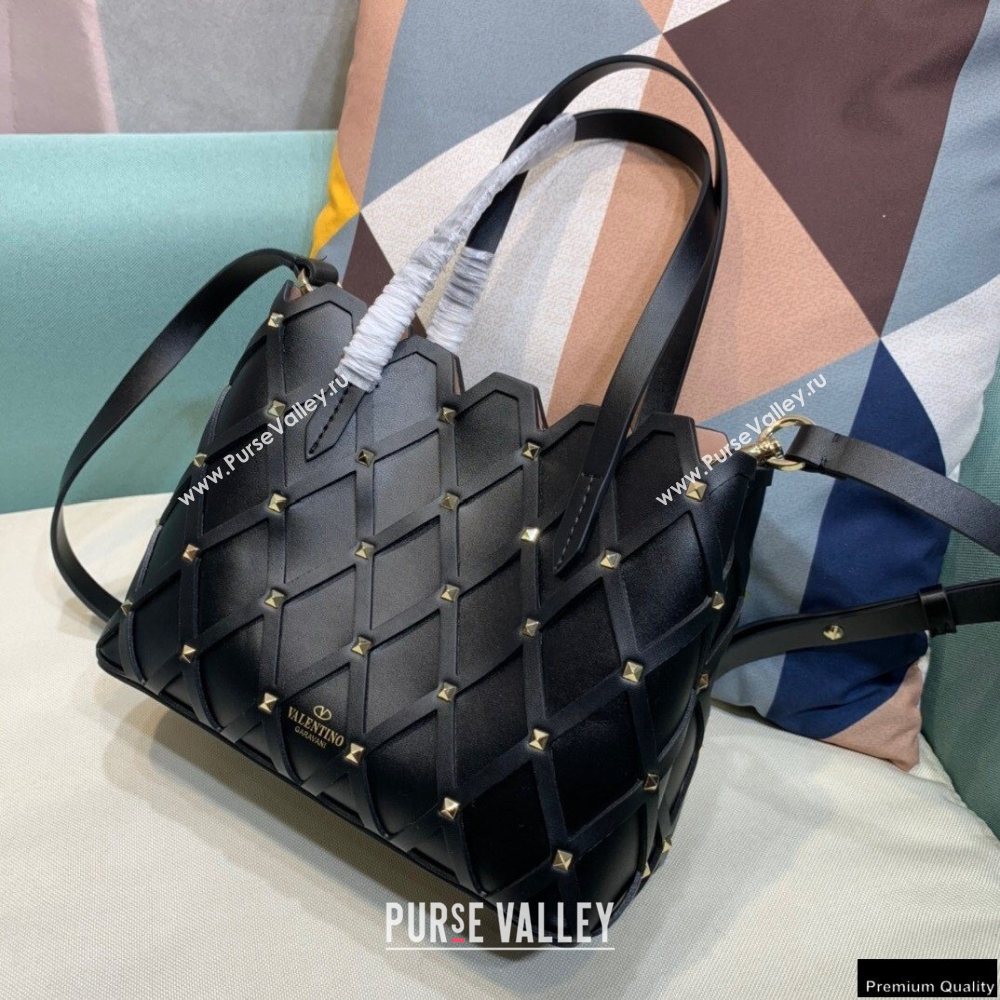 Valentino Small Beehive Rhombus Quilted Calfskin Tote Bag Black 2020 (xinyidai-20120707)