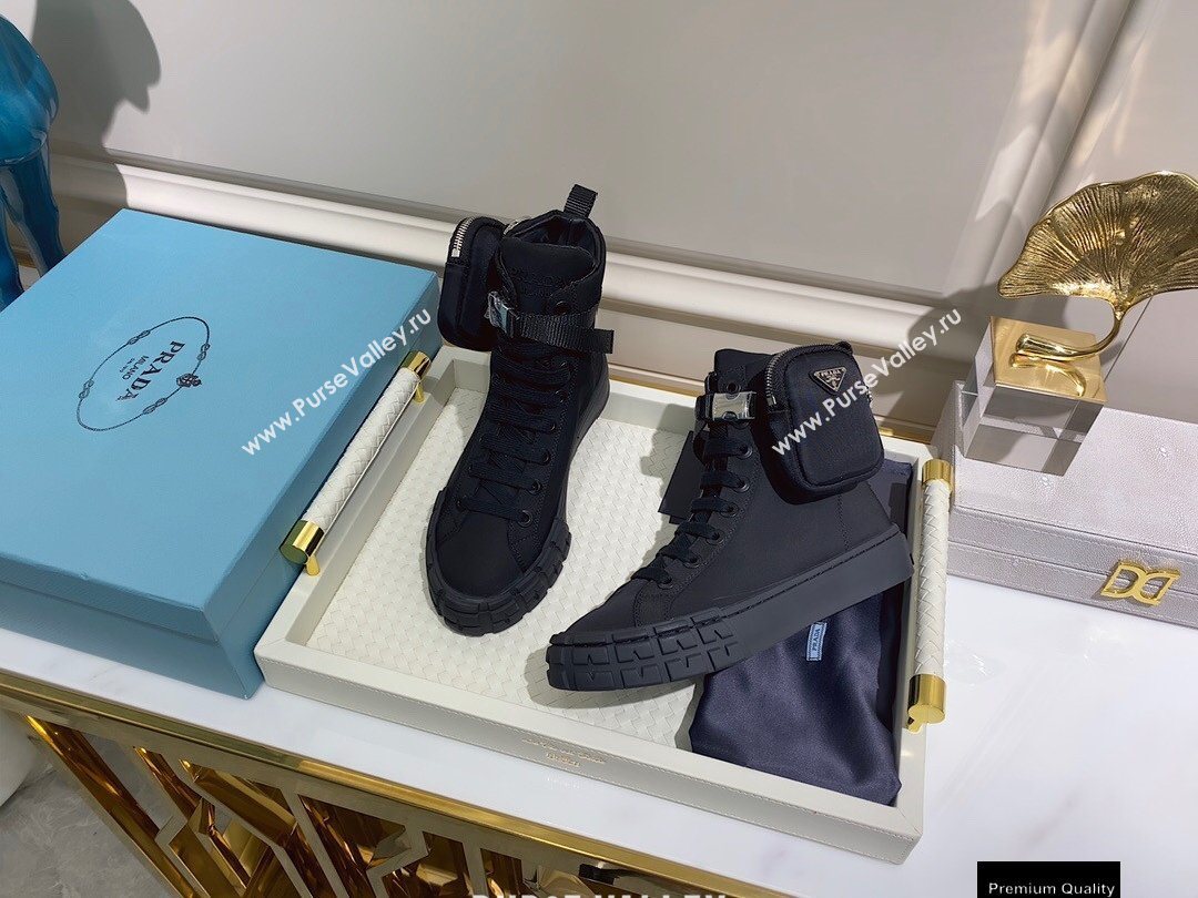 Prada Wheel Re-Nylon Gabardine High-top Sneakers Black with Removable Nylon Pouch Top Quality (xintian-20121632)