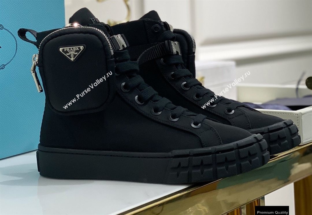 Prada Wheel Re-Nylon Gabardine High-top Sneakers Black with Removable Nylon Pouch Top Quality (xintian-20121632)