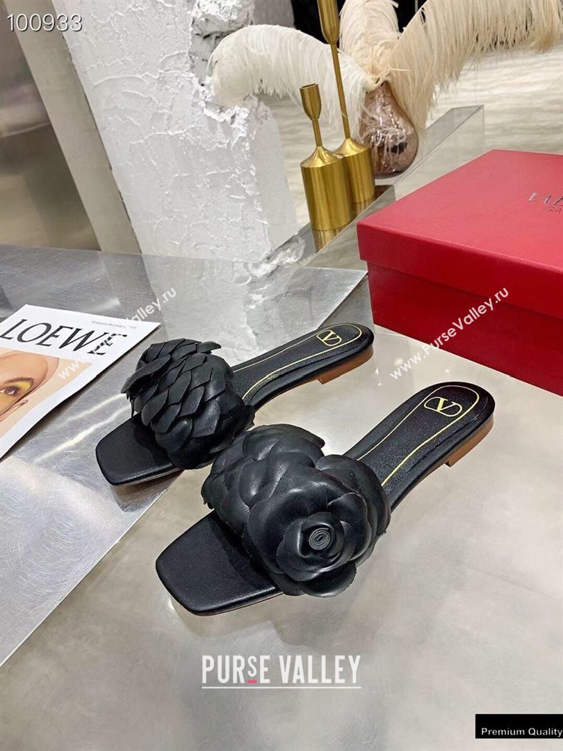 Valentino Atelier Shoes 03 Rose Edition Flat Slides Sandals Black 2021 (modeng-20121709)