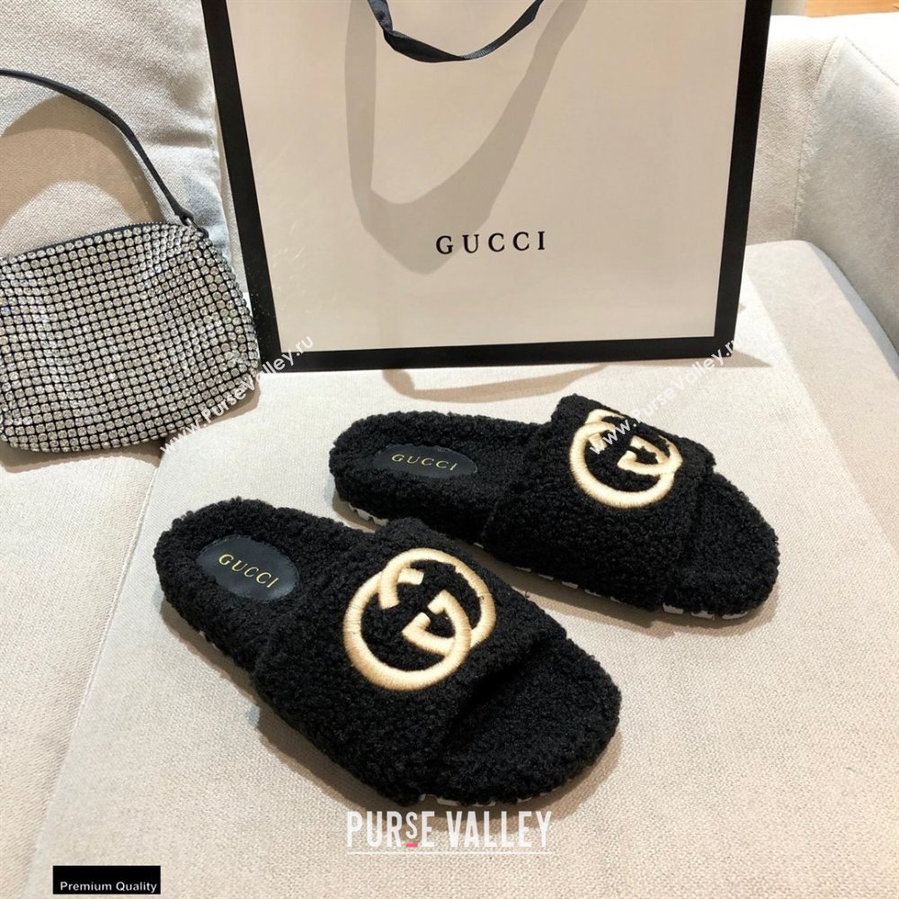 Gucci Merino Wool Slide Sandals with Interlocking G 646225 Black 2021 (modeng-20122529)