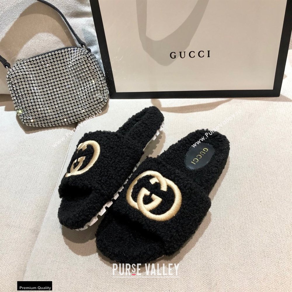 Gucci Merino Wool Slide Sandals with Interlocking G 646225 Black 2021 (modeng-20122529)