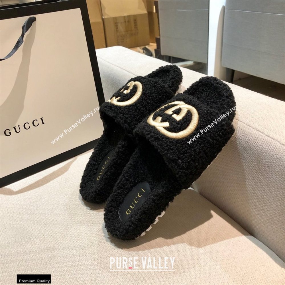 Gucci Merino Wool Slide Sandals with Interlocking G 646225 Black 2021 (modeng-20122529)