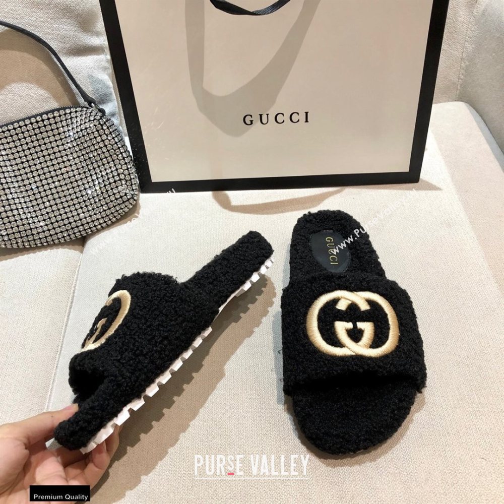 Gucci Merino Wool Slide Sandals with Interlocking G 646225 Black 2021 (modeng-20122529)