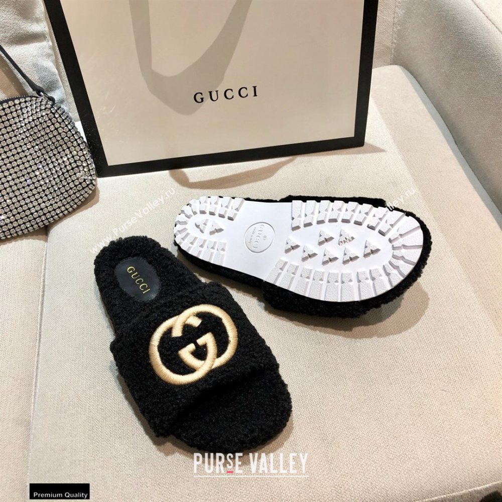 Gucci Merino Wool Slide Sandals with Interlocking G 646225 Black 2021 (modeng-20122529)