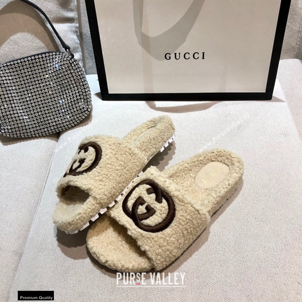 Gucci Merino Wool Slide Sandals with Interlocking G 646225 Beige 2021 (modeng-20122530)