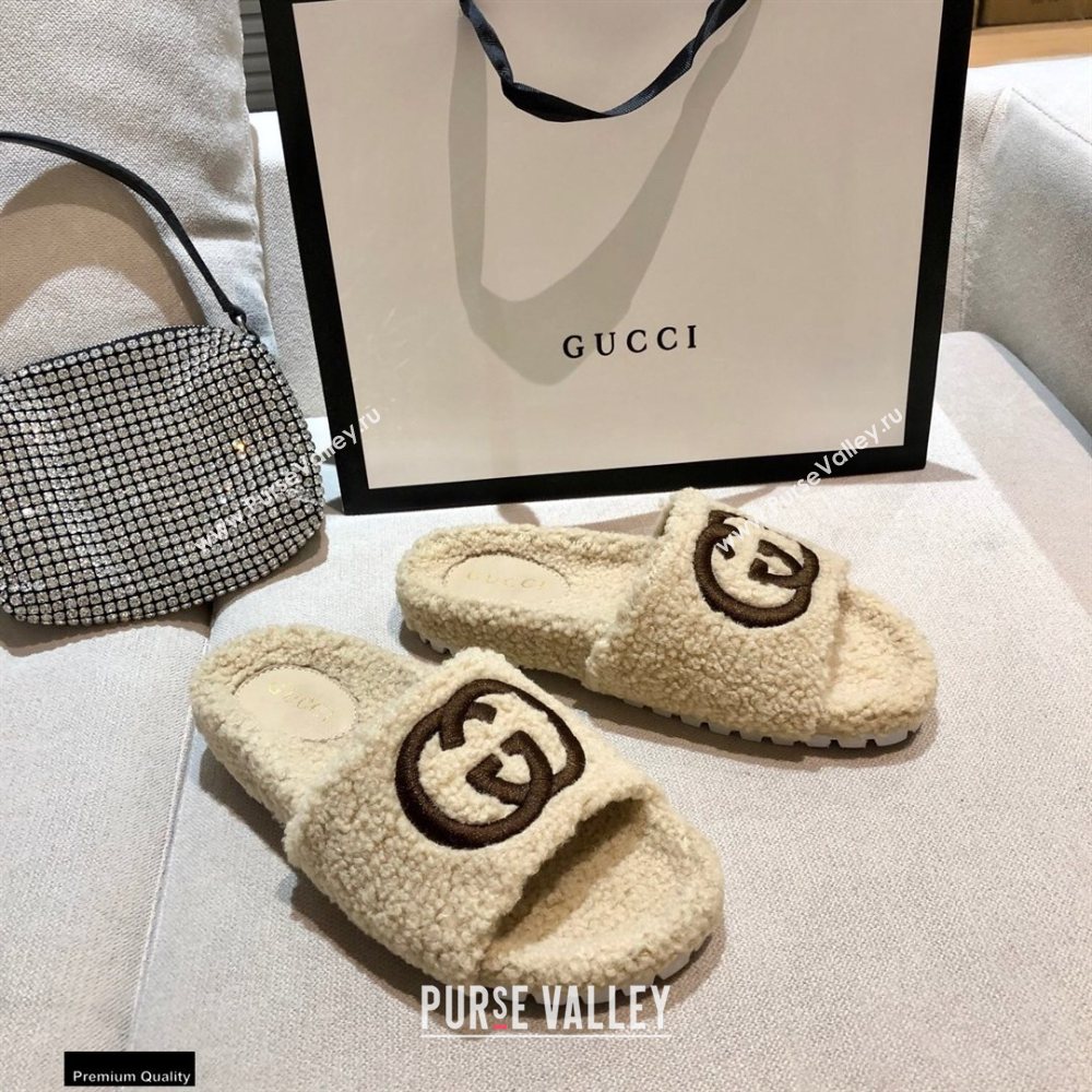 Gucci Merino Wool Slide Sandals with Interlocking G 646225 Beige 2021 (modeng-20122530)