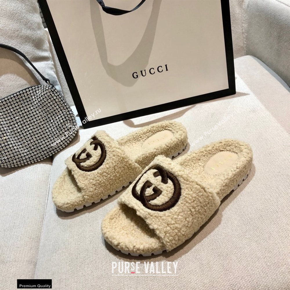 Gucci Merino Wool Slide Sandals with Interlocking G 646225 Beige 2021 (modeng-20122530)