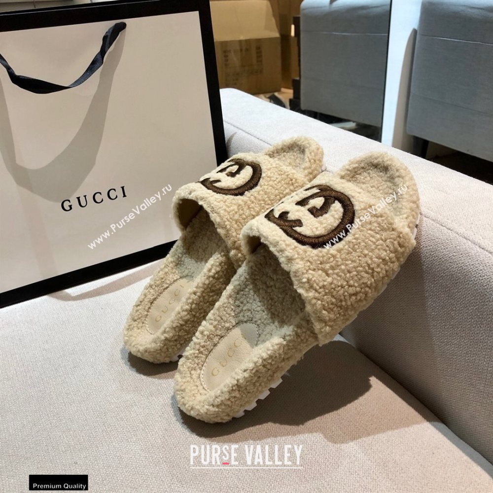 Gucci Merino Wool Slide Sandals with Interlocking G 646225 Beige 2021 (modeng-20122530)