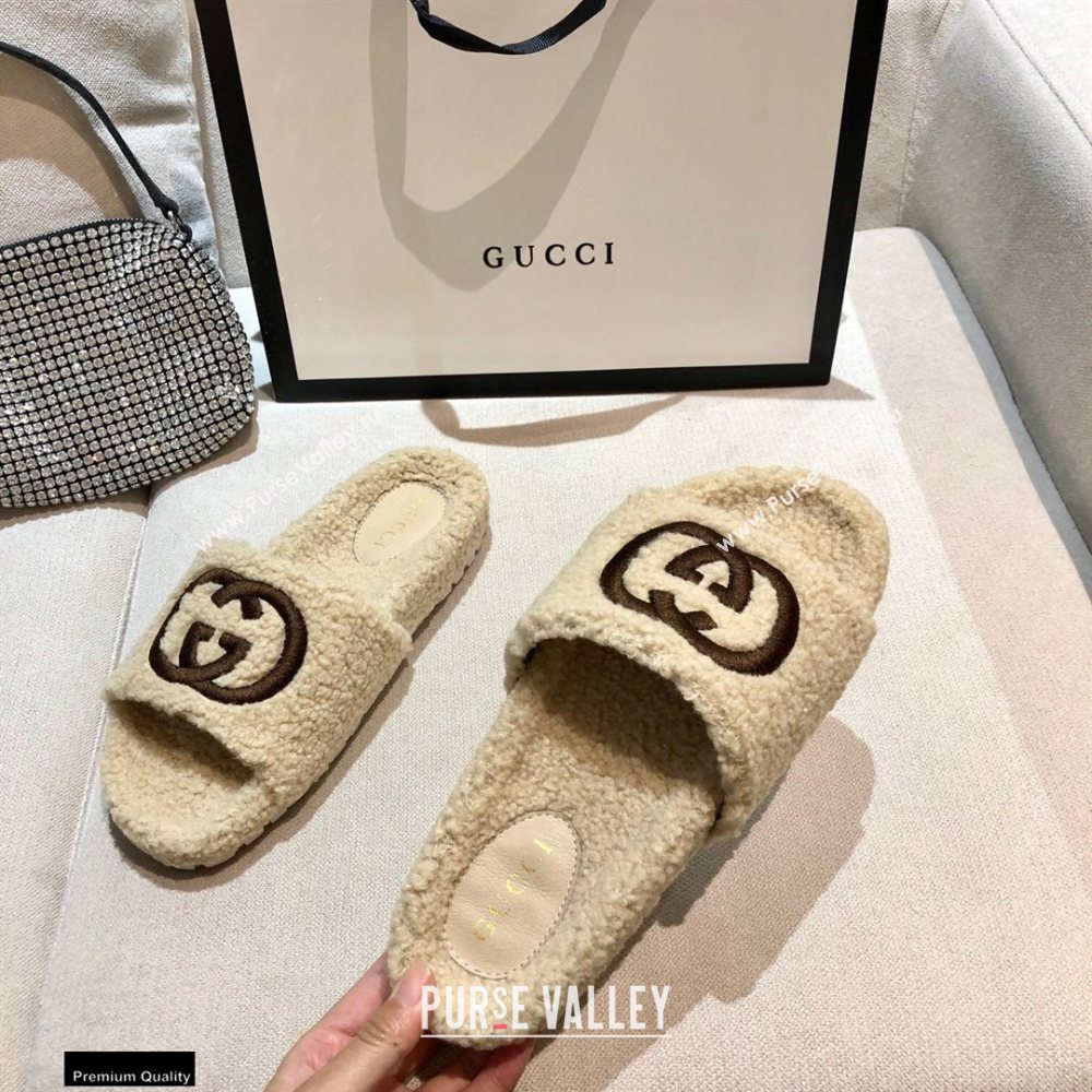 Gucci Merino Wool Slide Sandals with Interlocking G 646225 Beige 2021 (modeng-20122530)