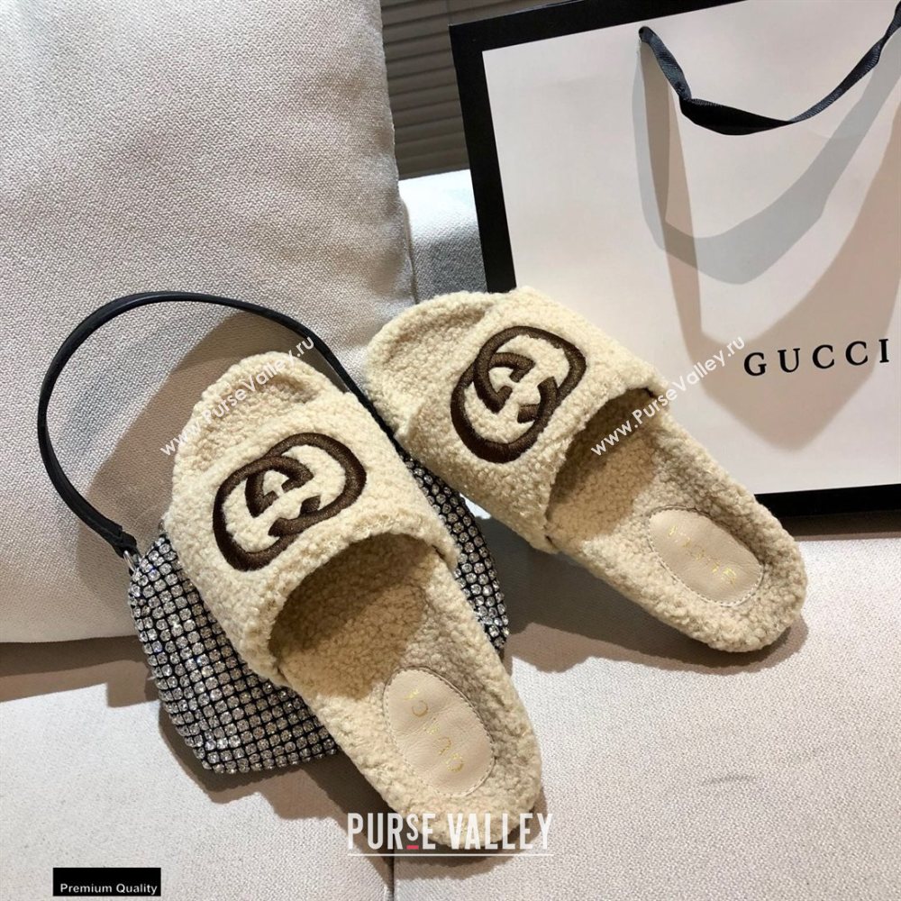Gucci Merino Wool Slide Sandals with Interlocking G 646225 Beige 2021 (modeng-20122530)