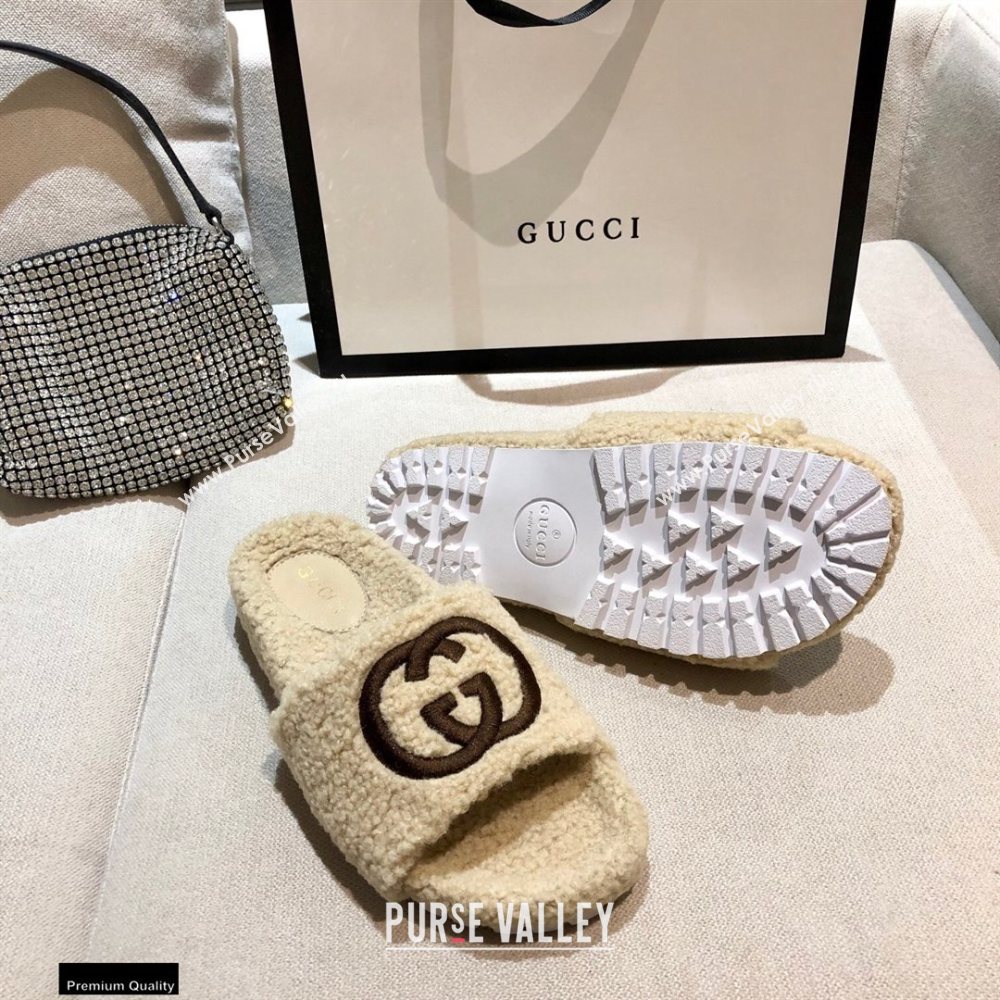 Gucci Merino Wool Slide Sandals with Interlocking G 646225 Beige 2021 (modeng-20122530)