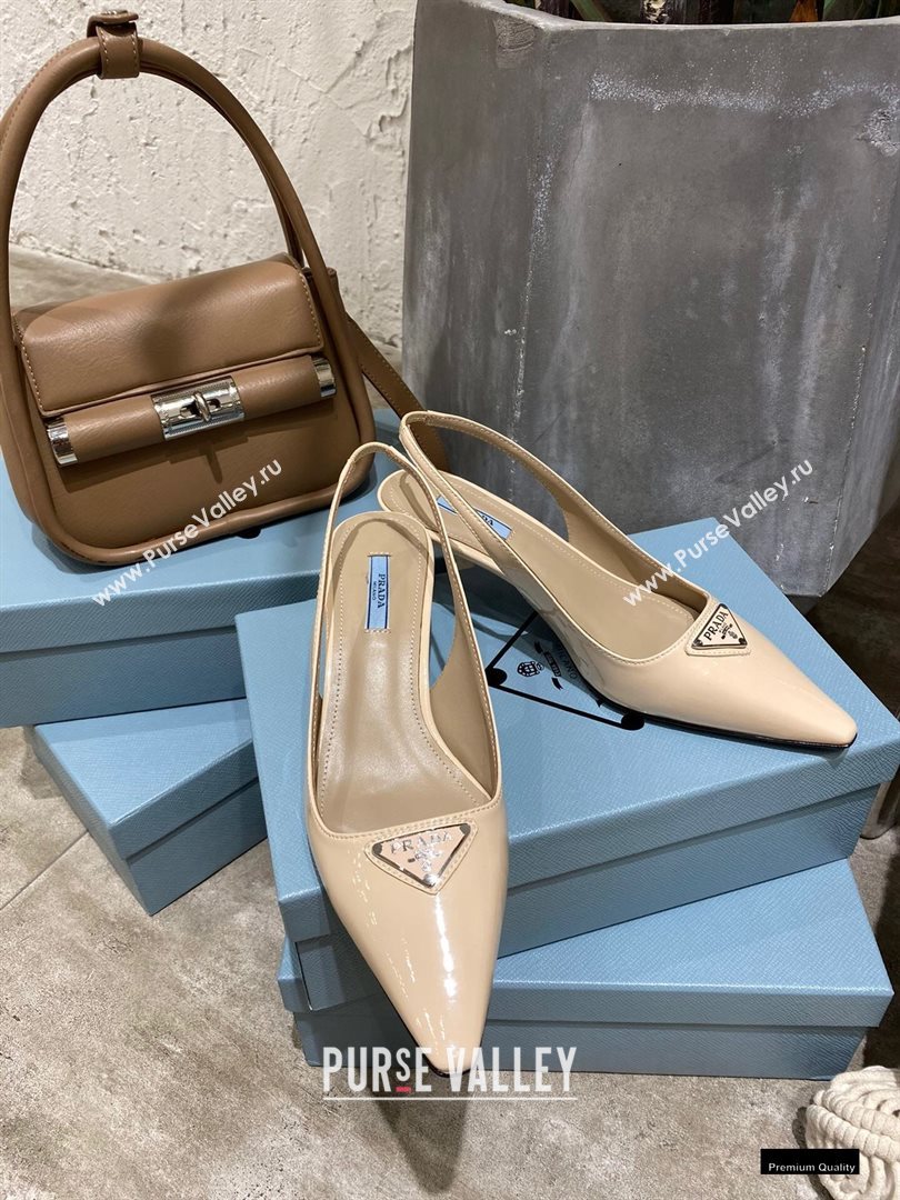 Prada Heel 6cm Leather Triangle Logo Slingbacks Patent Beige 2021 (modeng-20122810)