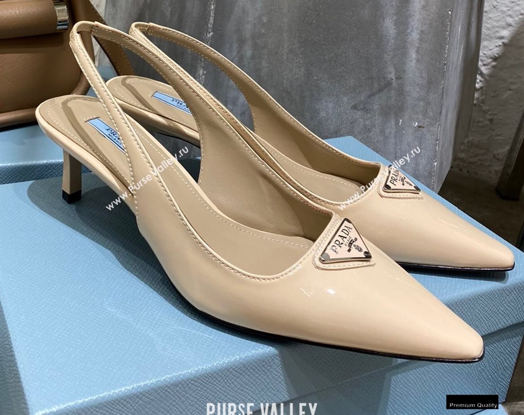 Prada Heel 6cm Leather Triangle Logo Slingbacks Patent Beige 2021 (modeng-20122810)