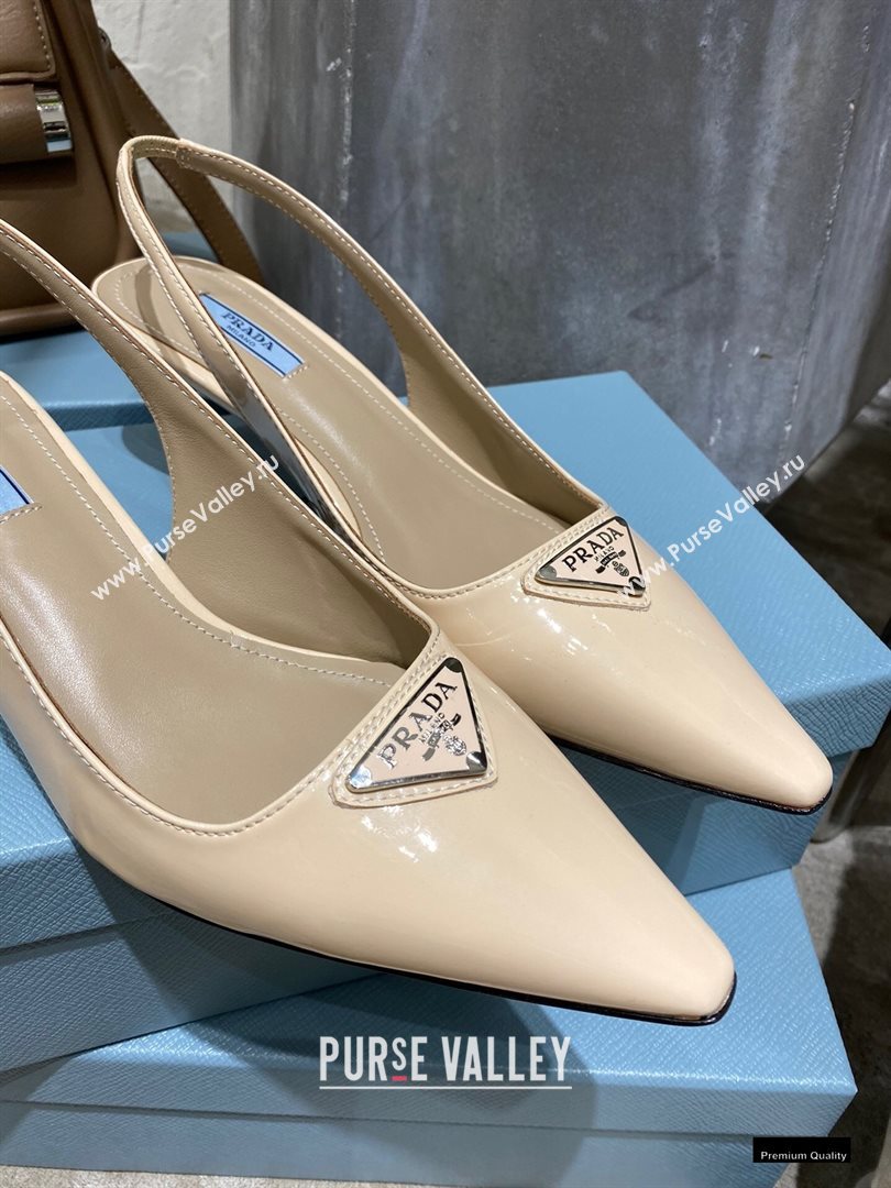 Prada Heel 6cm Leather Triangle Logo Slingbacks Patent Beige 2021 (modeng-20122810)