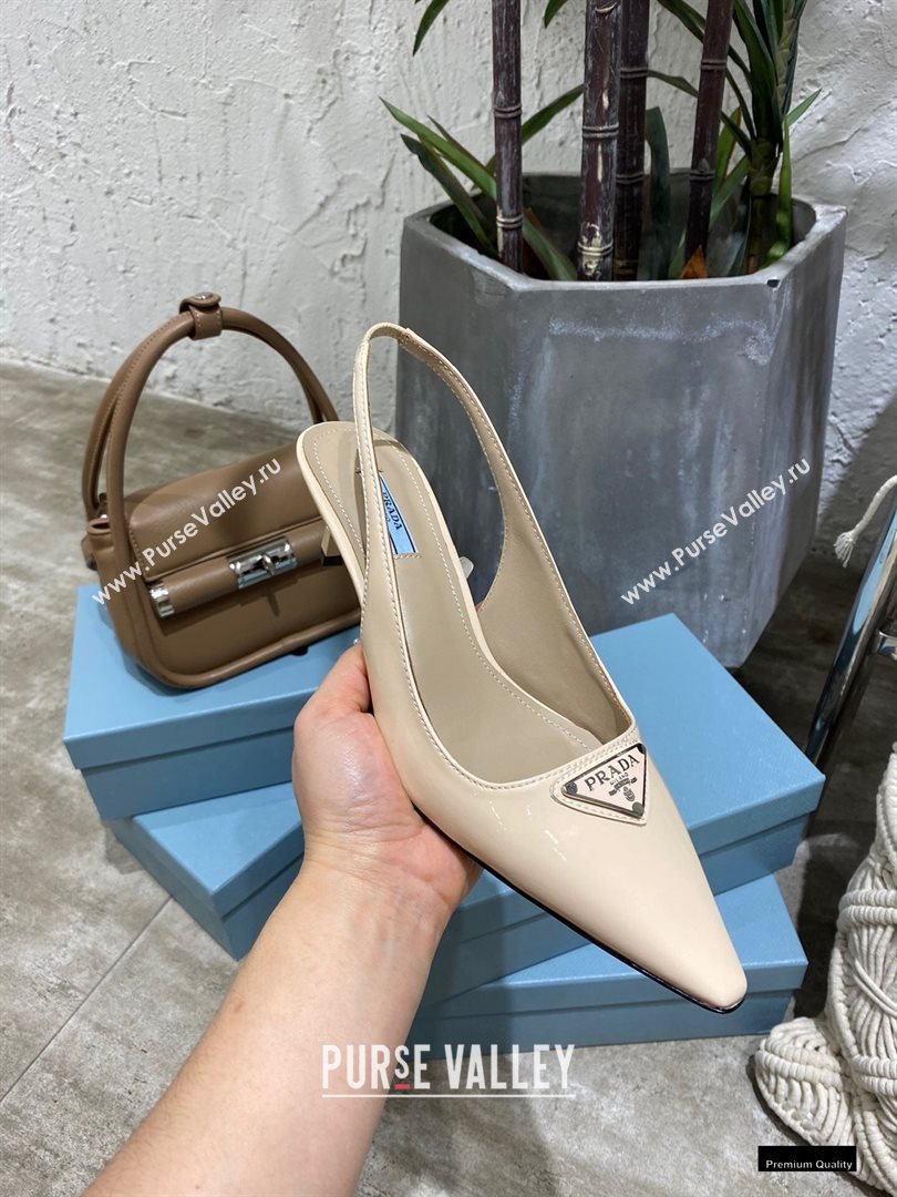 Prada Heel 6cm Leather Triangle Logo Slingbacks Patent Beige 2021 (modeng-20122810)