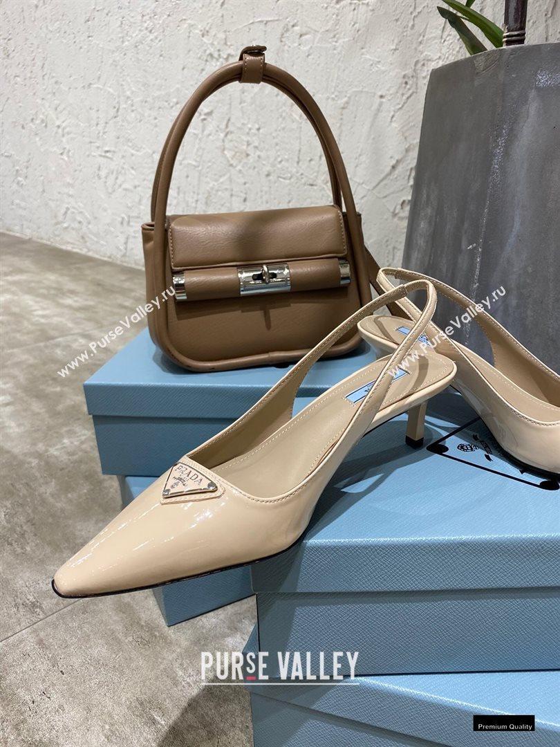 Prada Heel 6cm Leather Triangle Logo Slingbacks Patent Beige 2021 (modeng-20122810)