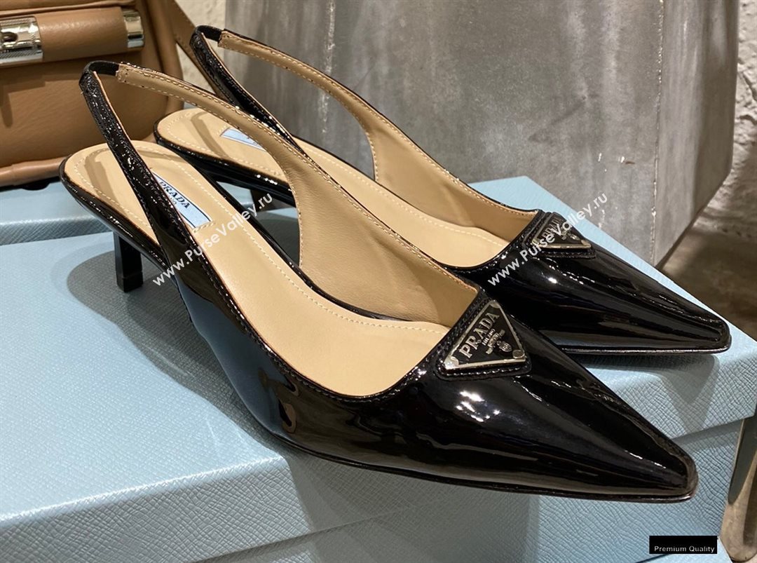 Prada Heel 6cm Leather Triangle Logo Slingbacks Patent Black 2021 (modeng-20122809)