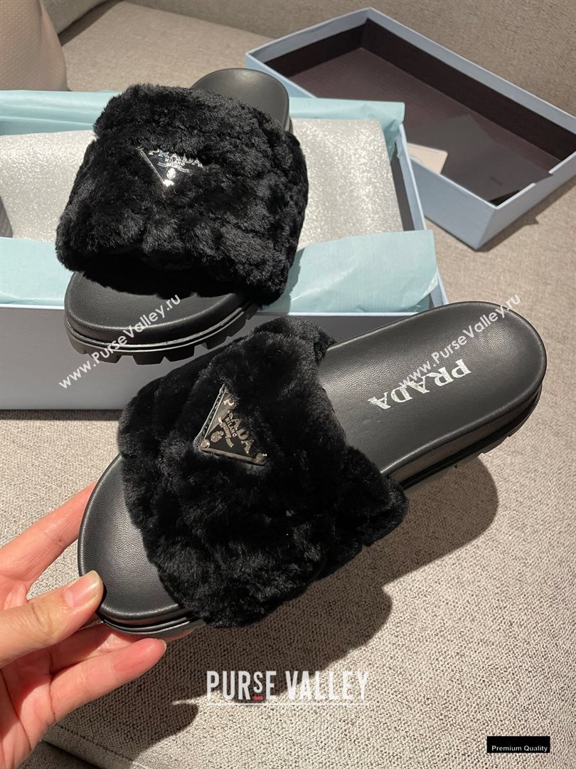 Prada Heel 3cm Wool Triangle Logo Slides Black 2021 (modeng-20122825)