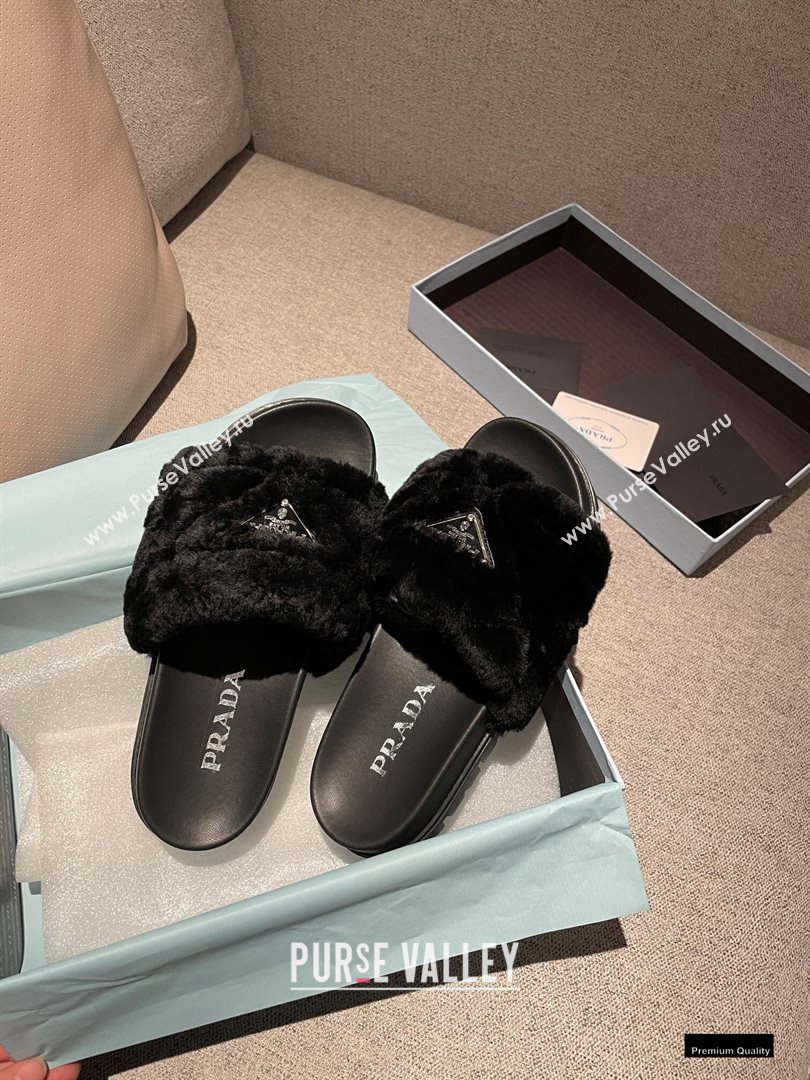 Prada Heel 3cm Wool Triangle Logo Slides Black 2021 (modeng-20122825)