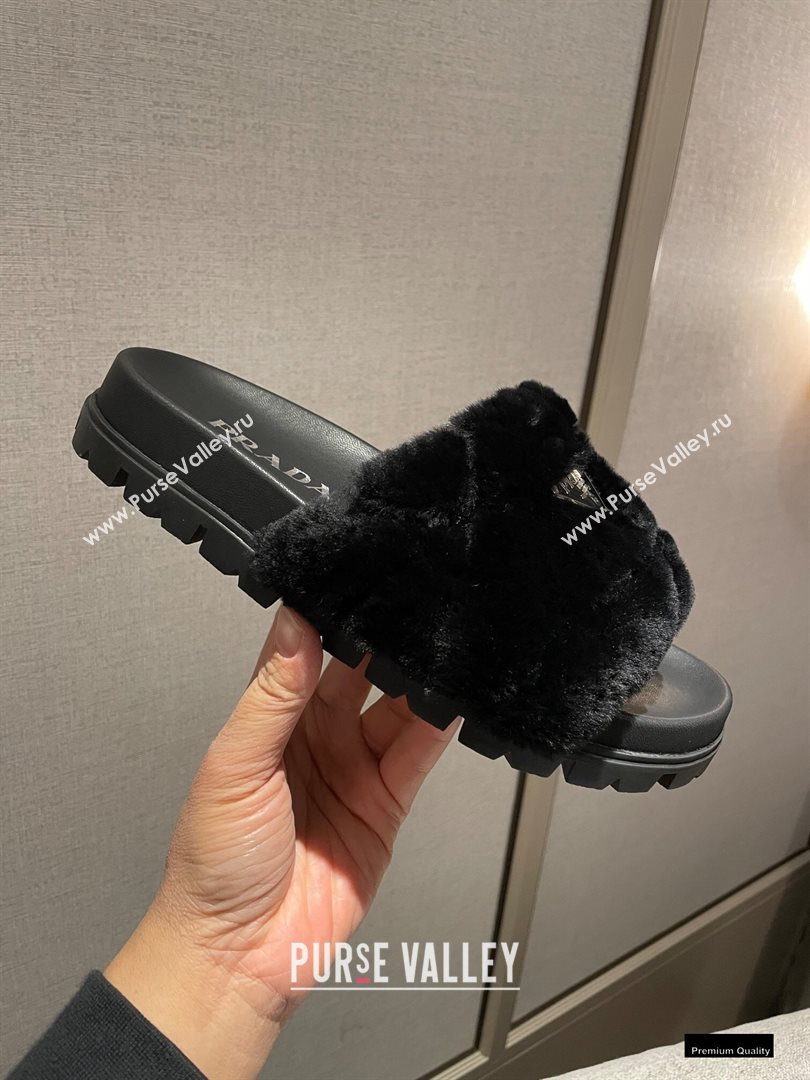 Prada Heel 3cm Wool Triangle Logo Slides Black 2021 (modeng-20122825)