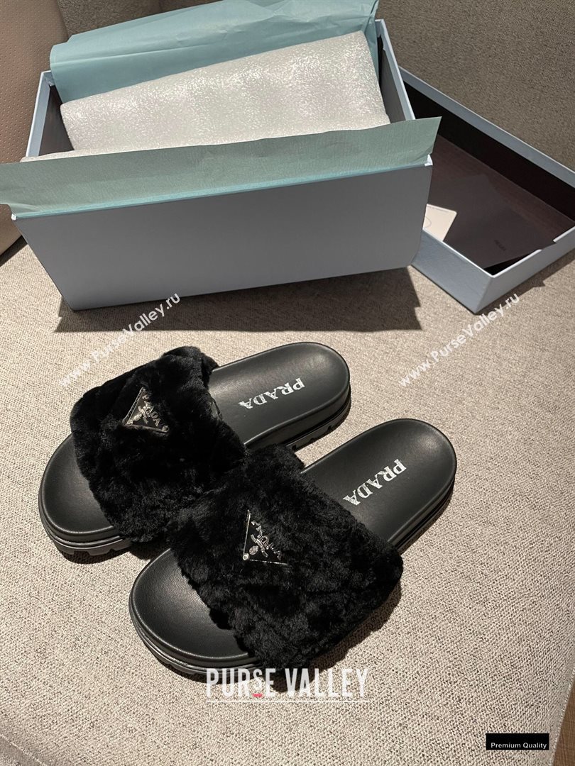 Prada Heel 3cm Wool Triangle Logo Slides Black 2021 (modeng-20122825)