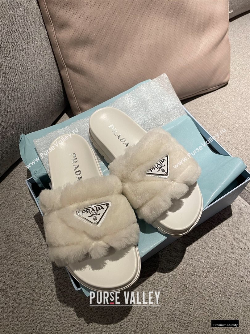 Prada Heel 3cm Wool Triangle Logo Slides White 2021 (modeng-20122826)