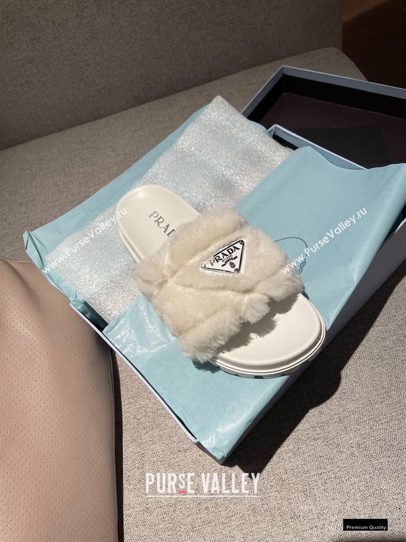 Prada Heel 3cm Wool Triangle Logo Slides White 2021 (modeng-20122826)