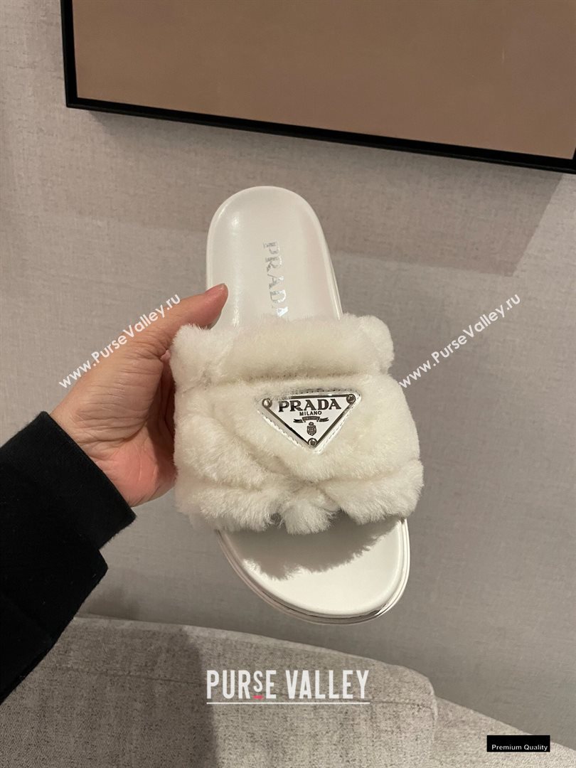 Prada Heel 3cm Wool Triangle Logo Slides White 2021 (modeng-20122826)