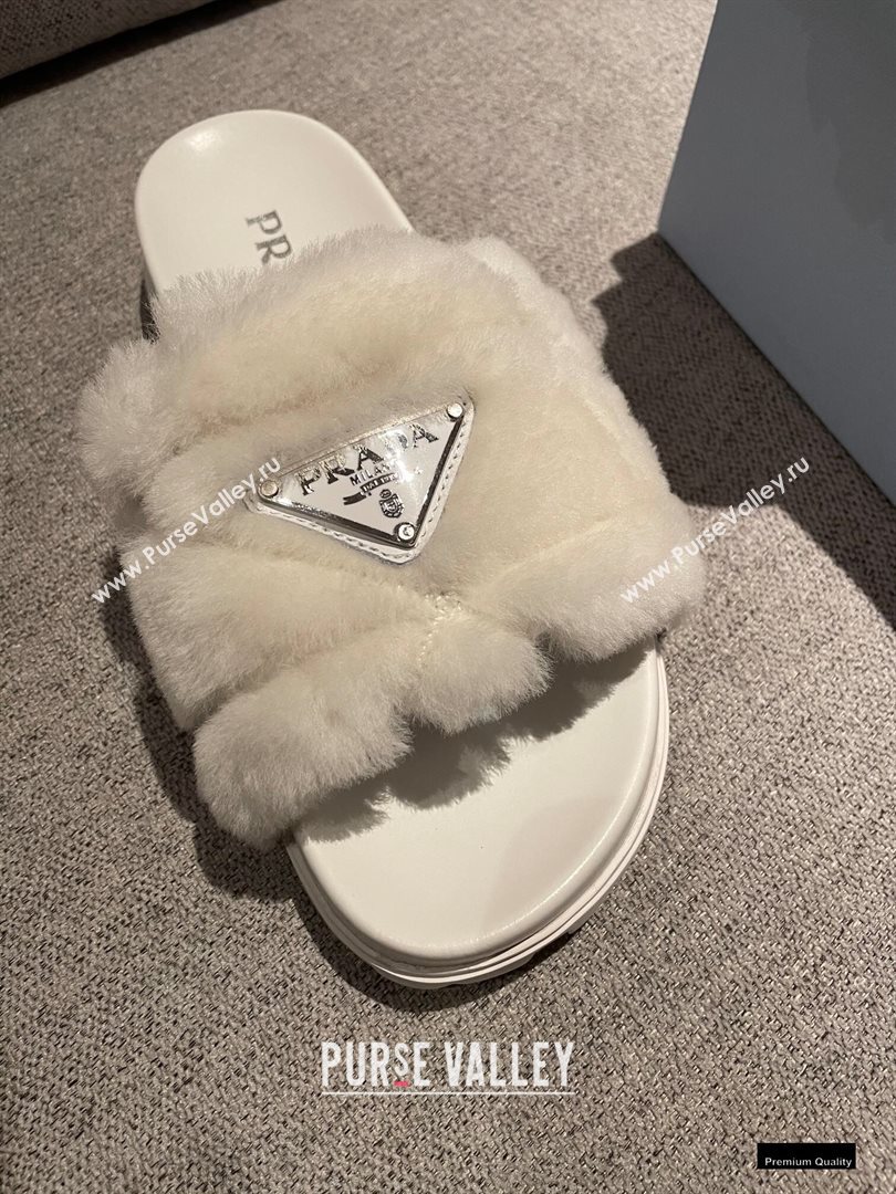 Prada Heel 3cm Wool Triangle Logo Slides White 2021 (modeng-20122826)