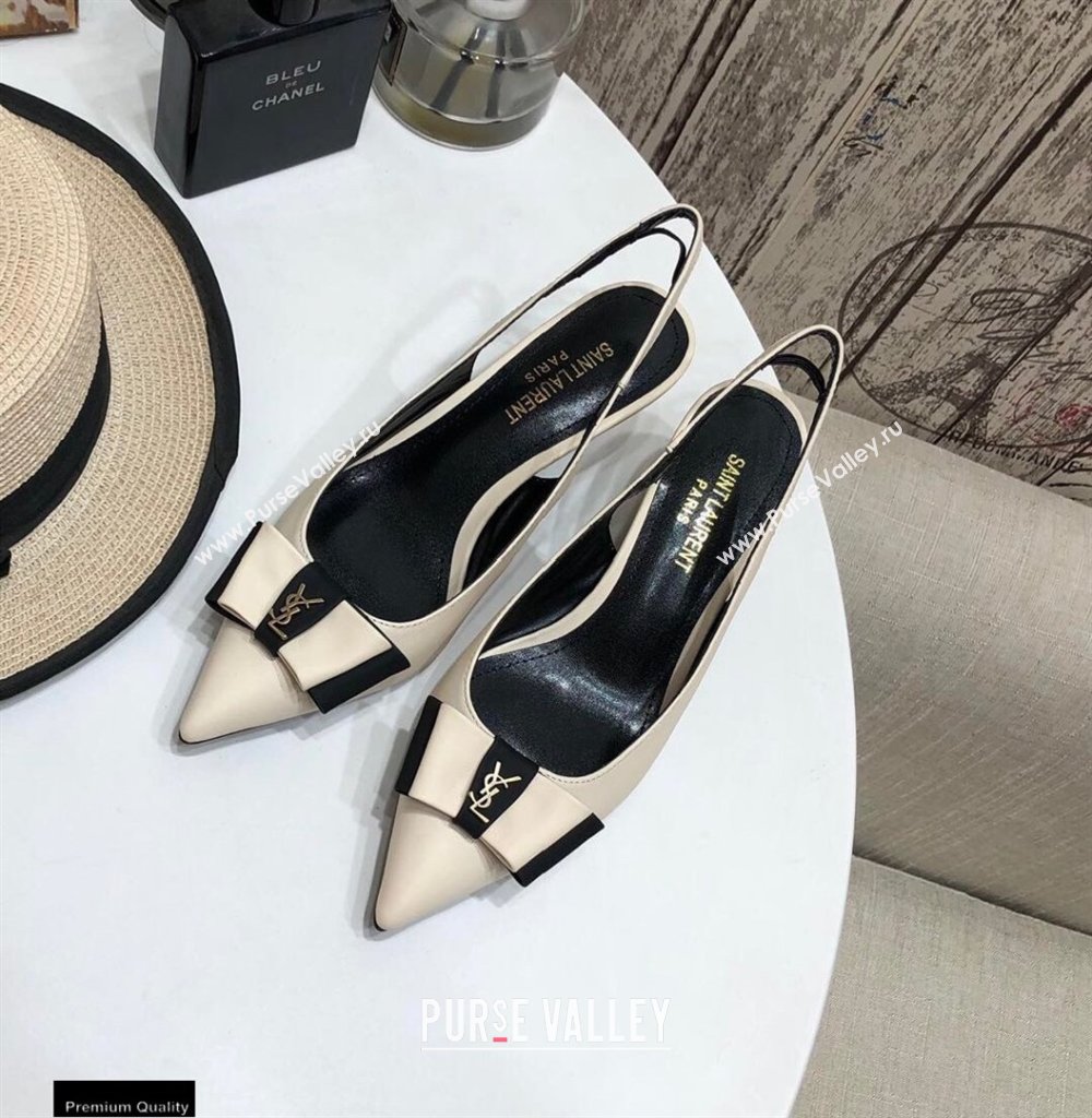 Saint Laurent Heel 5.5cm Anais Slingback Bow Pumps Creamy (modeng-20122953)
