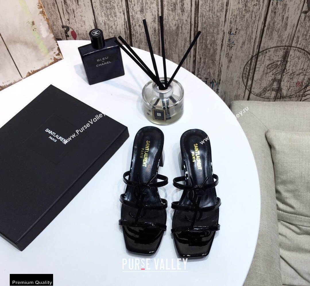 Saint Laurent Heel 5cm Cassandra Mules Patent Black with Monogram YSL Logo (modeng-20122955)