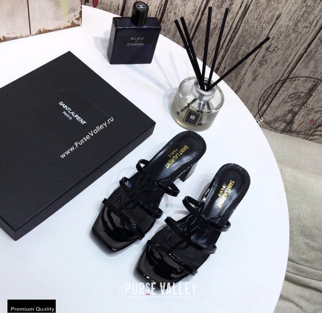 Saint Laurent Heel 5cm Cassandra Mules Patent Black with Monogram YSL Logo (modeng-20122955)