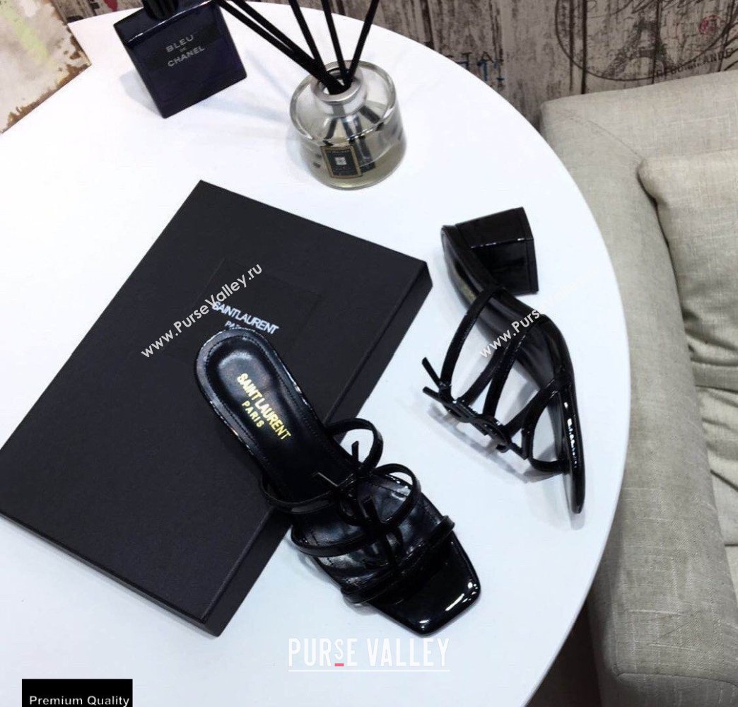 Saint Laurent Heel 5cm Cassandra Mules Patent Black with Monogram YSL Logo (modeng-20122955)