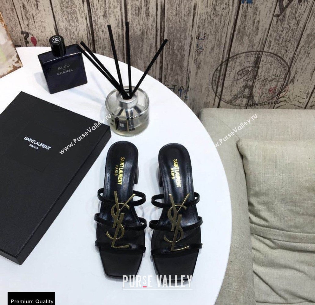 Saint Laurent Heel 5cm Cassandra Mules Black with Monogram YSL Logo (modeng-20122957)