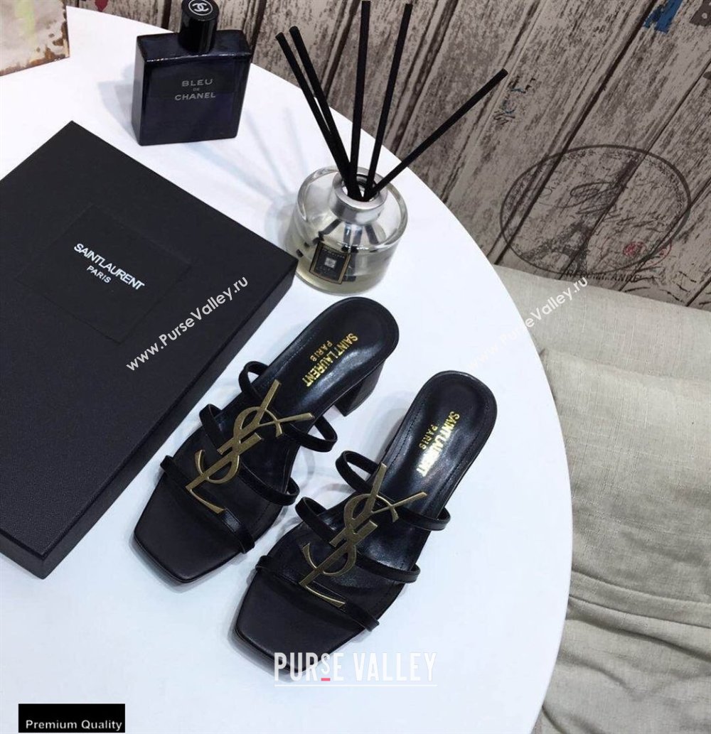 Saint Laurent Heel 5cm Cassandra Mules Black with Monogram YSL Logo (modeng-20122957)