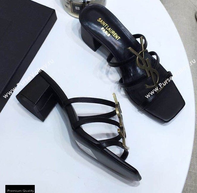 Saint Laurent Heel 5cm Cassandra Mules Black with Monogram YSL Logo (modeng-20122957)