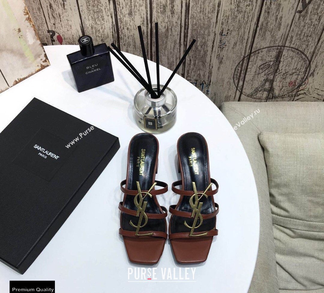 Saint Laurent Heel 5cm Cassandra Mules Brown with Monogram YSL Logo (modeng-20122959)