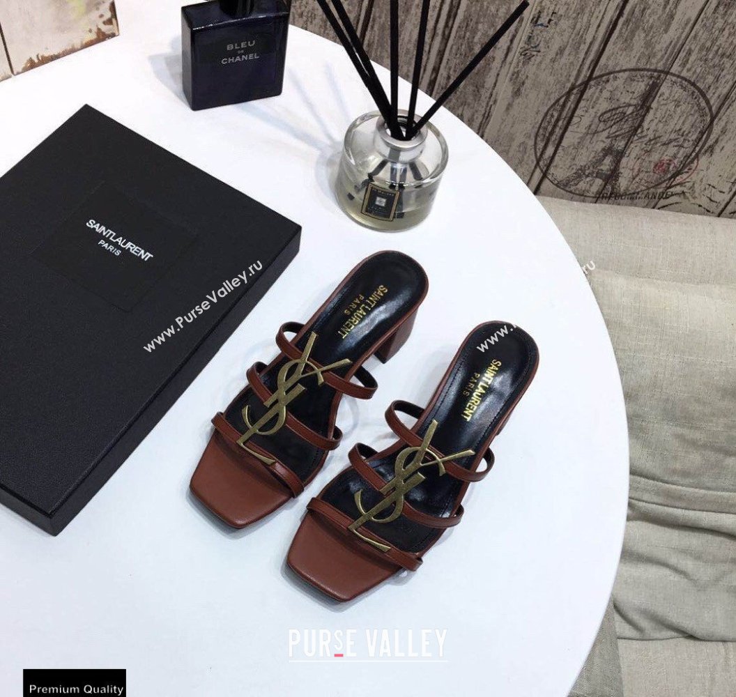 Saint Laurent Heel 5cm Cassandra Mules Brown with Monogram YSL Logo (modeng-20122959)