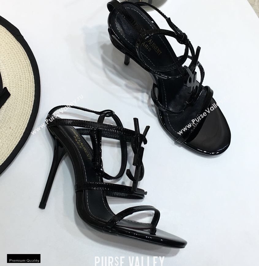 Saint Laurent Cassandra Sandals Patent Black with Monogram YSL Logo Heel 10.5cm (modeng-20122930)