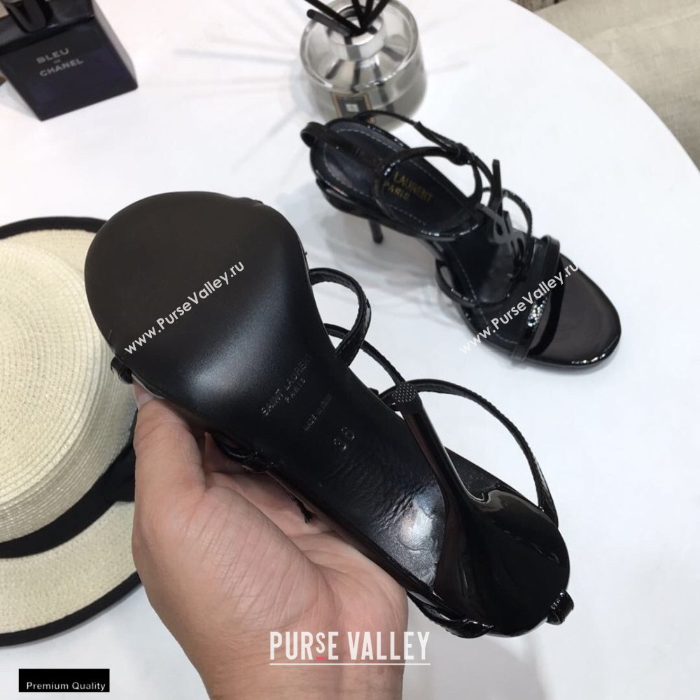 Saint Laurent Cassandra Sandals Patent Black with Monogram YSL Logo Heel 10.5cm (modeng-20122930)