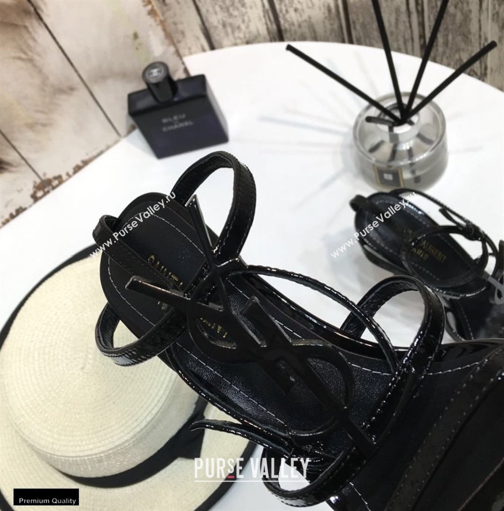 Saint Laurent Cassandra Sandals Patent Black with Monogram YSL Logo Heel 10.5cm (modeng-20122930)