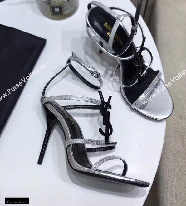 Saint Laurent Cassandra Sandals Silver with Monogram YSL Logo Heel 10.5cm (modeng-20122934)