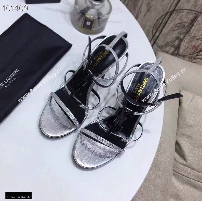 Saint Laurent Cassandra Sandals Silver with Monogram YSL Logo Heel 10.5cm (modeng-20122934)