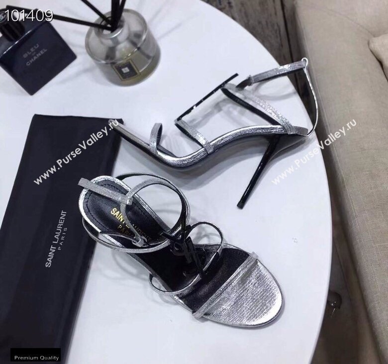 Saint Laurent Cassandra Sandals Silver with Monogram YSL Logo Heel 10.5cm (modeng-20122934)