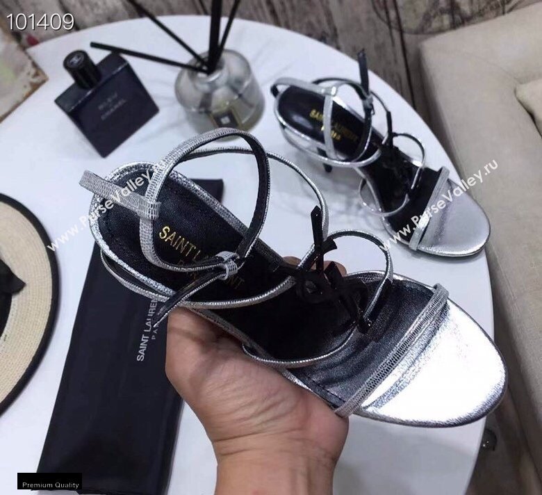 Saint Laurent Cassandra Sandals Silver with Monogram YSL Logo Heel 10.5cm (modeng-20122934)