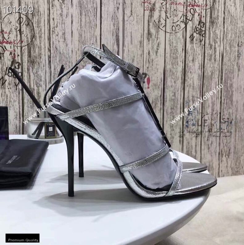 Saint Laurent Cassandra Sandals Silver with Monogram YSL Logo Heel 10.5cm (modeng-20122934)