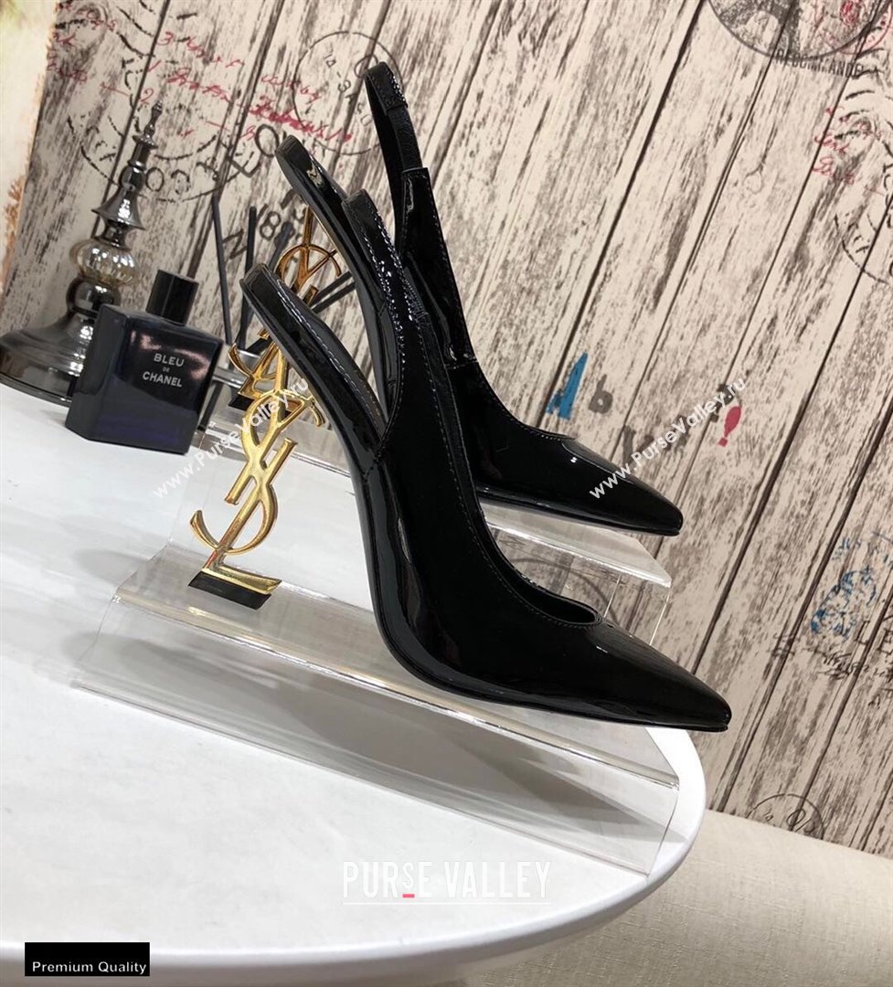 Saint Laurent Opyum Slingback Pumps Patent Black with Gold Interlocking YSL Logo Heel 11cm (modeng-20122925)