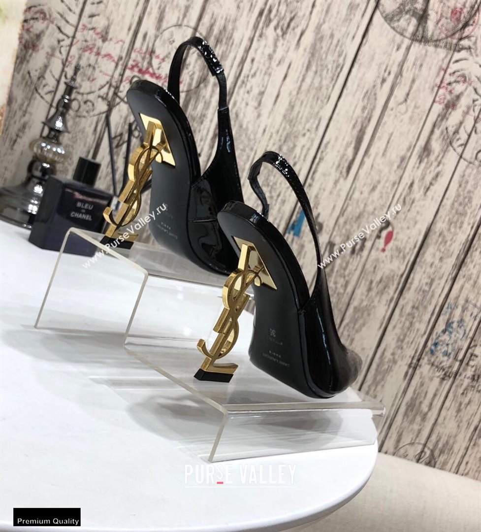 Saint Laurent Opyum Slingback Pumps Patent Black with Gold Interlocking YSL Logo Heel 11cm (modeng-20122925)