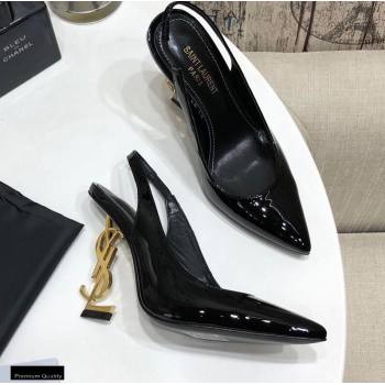 Saint Laurent Opyum Slingback Pumps Patent Black with Gold Interlocking YSL Logo Heel 11cm (modeng-20122925)